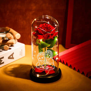 Custom Accessories: Custom Photo Line Drawing LED Night Light Romantic Simulation Eternal Red Rose In Glass Dome