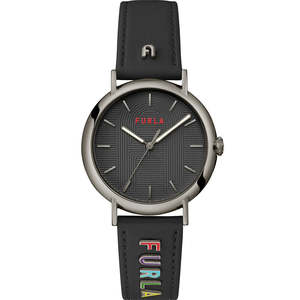 Furla: Furla - Heritage Easy Gun Metal Black Leather Watch