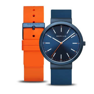 Him: Bering - Blue Sunray Dial With Blue & Orange Silicone Strap