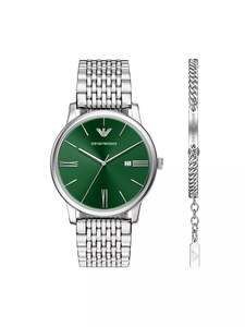 Emporio Armani: Emporio Armani - Silver Watch With Green Dial Set