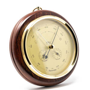 Barometers: Fischer - Modern Weather Station Brass And Mahogany Wood