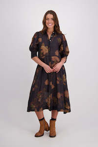 Christine Black Floral Ramie Shirt Dress