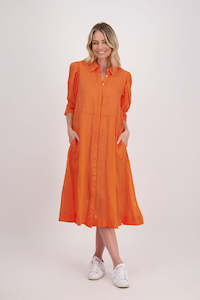 Shirt Dresses: Christine Orange Ramie Shirt Dress