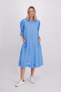 Shirt Dresses: Christine Sky Blue Ramie Shirt Dress