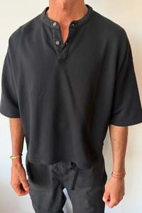 Fleece Crop Henley Tee Black