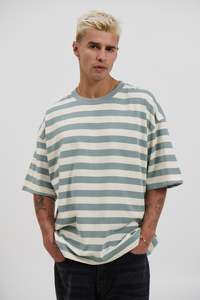 Menssale: Midweight Signature Tee Sage Stripe - FINAL SALE