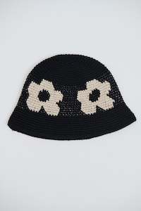 Womens Headwear: Crochet Bucket Hat Flower Black