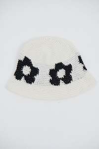 Womens Headwear: Crochet Bucket Hat Flower White