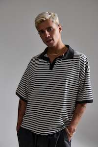 Stripe Ribbed Polo Black