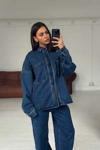 Unisex Drop Shoulder Denim Shirt Dark Blue