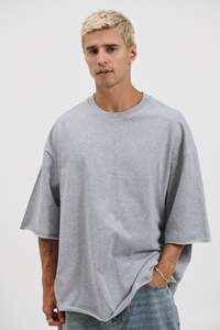 Mens Tees: Raw Hem Crew Neck Tee Grey Marle