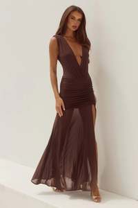 Deserae Low Plunge Maxi Dress Chocolate