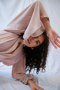 Silk Two Piece Set: HIGH-NECK BLOUSE WITH TIES