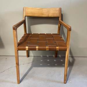 Furniture: Teak Dining Chair w Wide Woven Leather 550 x 450 x 800H