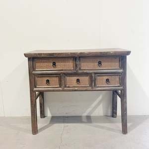Tables And Bedsides: 25254 Antique Elm Table w Drawers 970 x 420 x 850H