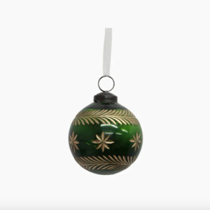Etched Glass Bauble GREEN & GOLD 80mm
