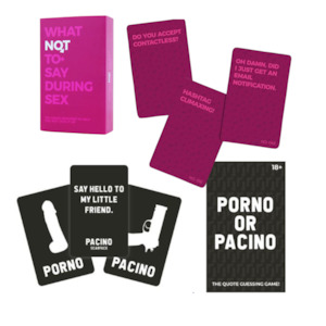 Products: Dirty Duo Pack-What Not To Say During Sex & Porno or Pacino Card Sets