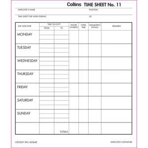 Collins Wage Time Sheets No.11 187x220mm 100 Leaf