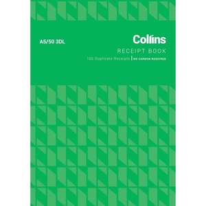 Account Books: Collins Cash Receipt A5/50 3DL Duplicate No Carbon Required