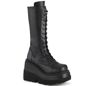 Platforms 1: Shaker-72 Wedge Platform Boots - Black Vegan Leather
