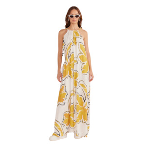 Clothing: Zuri Halter Neck Maxi - White/Palm