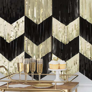 Roaring 20s Great Gatsby Party: Black & Gold Scallop Fringed Backdrop Kit