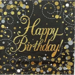 Sparkling Fizz Black & Gold Happy Birthday Napkins 16 Pkt