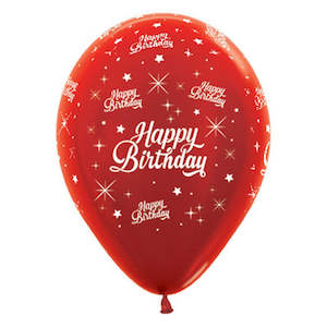 Happy Birthday Twinkling Stars Metallic Red Balloons - 6 Pkt