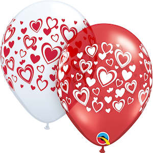 Themed Latex Balloons: Red & White Double Heart Balloons - 6 pack