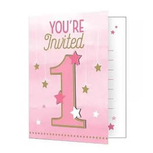 Special Occasion Invitations: One Little Star Pink 1st Birthday Invitations - 8 Pkt
