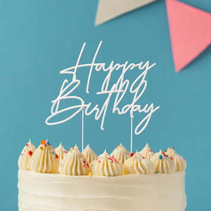 Pearl White Metal Happy Birthday Cake Topper