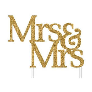 Wedding Engagement Cake Toppers: Gold Glitter Mrs & Mrs Wedding Cake Topper