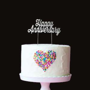 Anniversary Cake Toppers: Silver Plated Happy Anniversary Cake Topper
