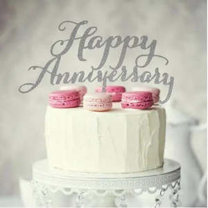 Anniversary Cake Toppers: Silver Glitter Happy Anniversary Cake Topper