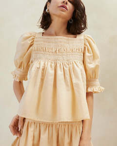 Blouses: LOEFFLER RANDALL Lydie Smocked Blouse - Sand/Ecru - SzS