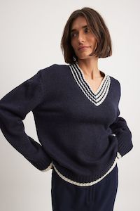 NA-KD Oversize V-Neck Sweater - Navy SzM