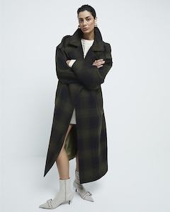 Jackets Coats: RIVER ISLAND Belted Coat - Olive Green Check SzS