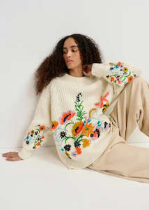 ESSENTIEL ANTWERP Floral Embroidered Rib  Knit Sweater - Cream SzL