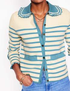 BODEN Frill Collared Cardigan - Ivory & Duck Egg SzM