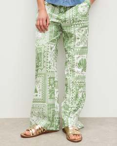 Bottoms: OLIVER BONAS Tile Print Linen Wide Leg Trousers - Green