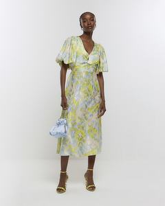 Midi: RIVER ISLAND Puff Sleeve Midi Dress - Blue Floral Sz8