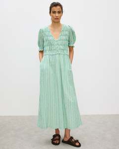 Midi: OLIVER BONAS Shirred Bodice Puff Sleeve Midi Dress - Green & Blue Stripe Sz12