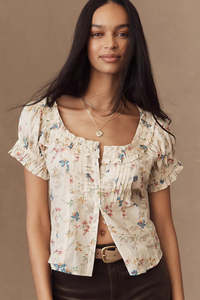 PILCRO Ruffle Puff-Sleeve Blouse - Ivory Floral SzS