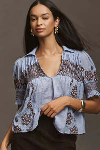 ANTHROPOLOGIE Embroidered Deep V Swing Top - Blue SzS