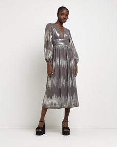 Dresses 1: RIVER ISLAND Long Sleeve Midi Dress - Silver Sz12