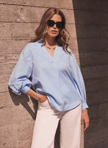 Shirts Tops: MINT VELVET Pleated Sleeve Blouse - Blue Chambray SzXL