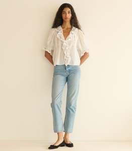 DÔEN Hettie Embroidered Ruffle Organic Cotton Top - Salt/Blue SzXXL