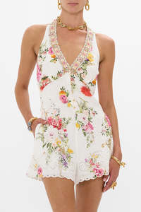 CAMILLA Embellished  Linen Playsuit - Egyptian Rose SzM
