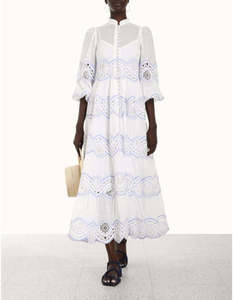 ZIMMERMANN Cira Tiered Trimmed Dress -White/Blue Sz4 NZ14