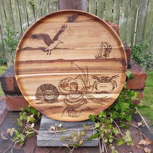 Products: Large Round Wooden Tray - Burnt Offerings